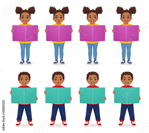 Happy african cute kids boy and girl reading books with different emotion isolated vector illustration