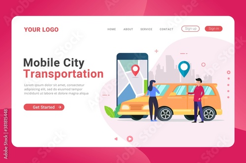 Landing page template online booking car with smart city transportation vector illustration concept