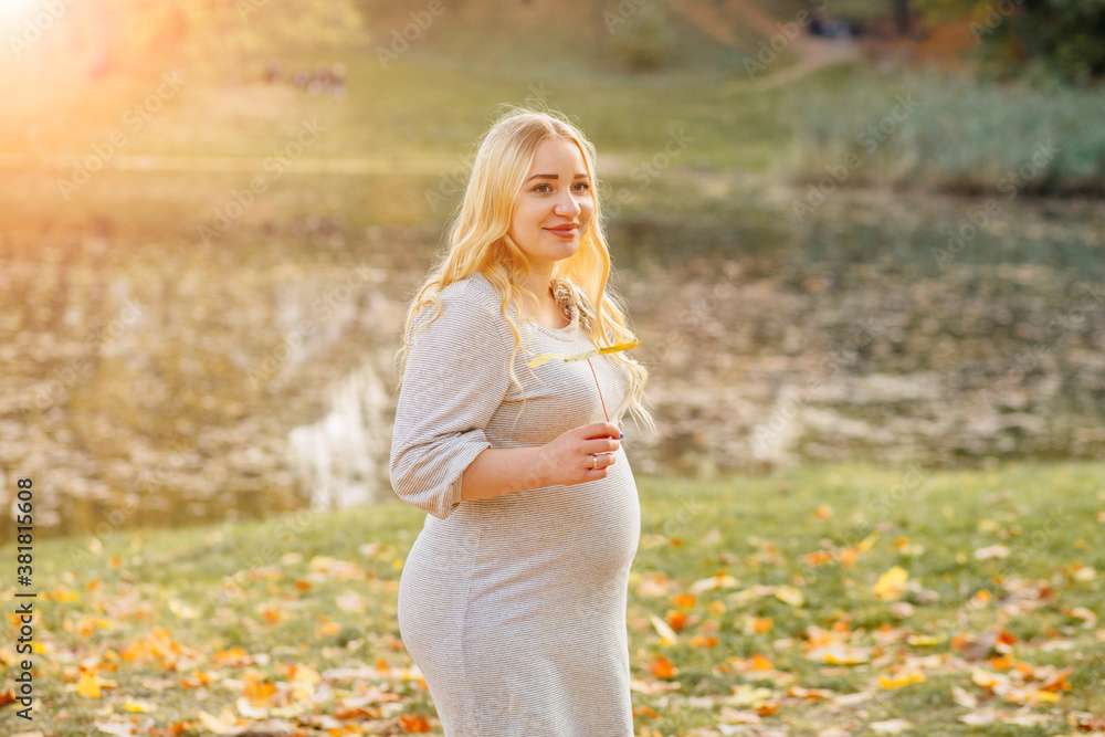 Story of new life. Serene woman walking in aututmn sunny evening park. Story of new life. Serene woman walking in aututmn sunny evening park.
