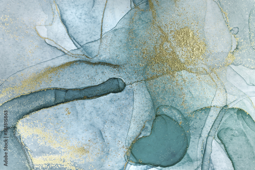 Alcohol ink blue abstract background. Faded watercolor texture with golden glitter. Pale paint stains illustration.