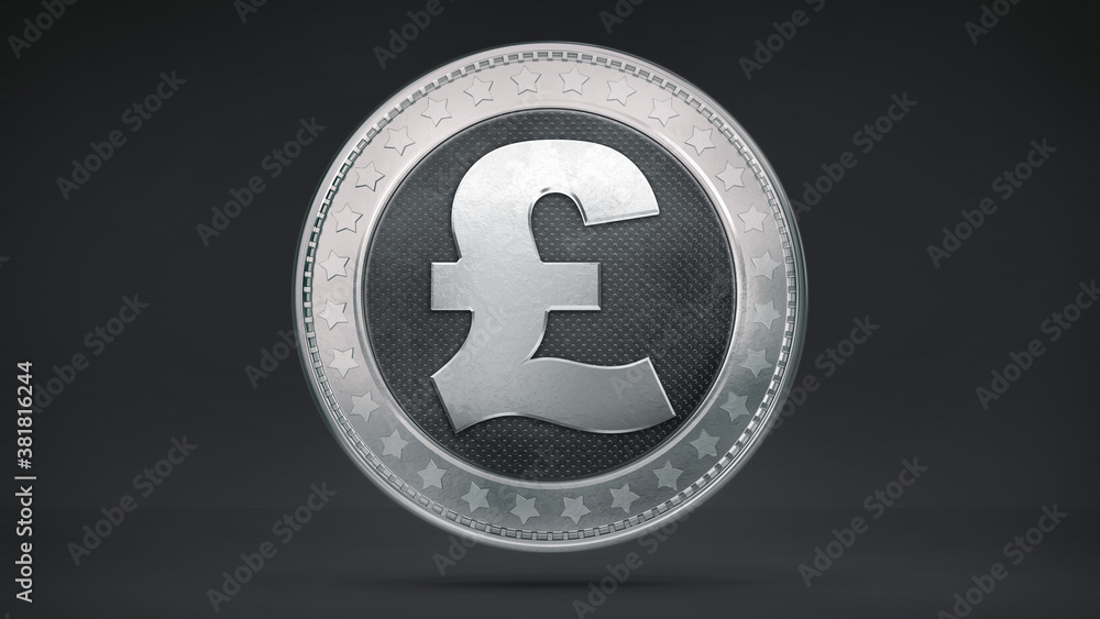 Obraz premium Isolated silver shiny Pound coin on dark background. Money and currency. Economical and financial business 3D illustration. 