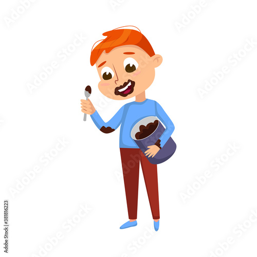 Boy Eating Chocolate Spread from Jar with Face Dirty, Kid Enjoying Eating of Yummy Dessert Cartoon Style Vector Illustration