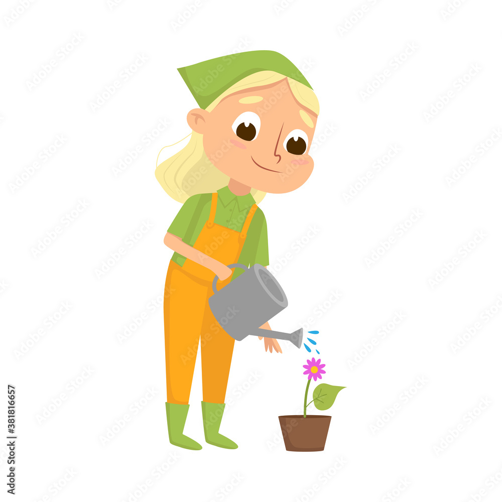 Cute Girl Watering Flower in Flowerpot, Little Kid Farmer Character in Overalls Working in Garden Cartoon Style Vector Illustration Cute Girl Watering Flower in Flowerpot, Little Kid Farmer Character in Overalls Working in Garden Cartoon Style Vector Illustration