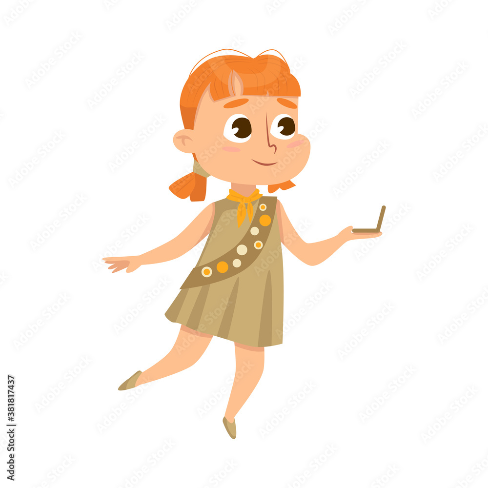Adorable Scout Girl with Compass, Cute Scouting Child Character in Uniform, Summer Holiday Activities Concept Cartoon Style Vector Illustration Adorable Scout Girl with Compass, Cute Scouting Child Character in Uniform, Summer Holiday Activities Concept Cartoon Style Vector Illustration