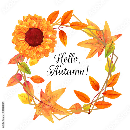 Hello, Autumn watercolor autumn wreath with fall leaves and a sunflower, on a white background