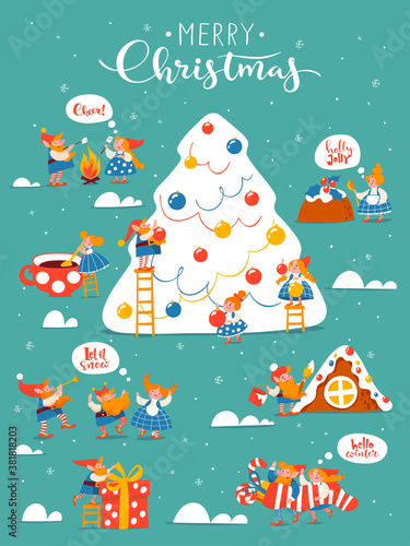 Cartoon Christmas hygge card with funny gnomes and greetings.