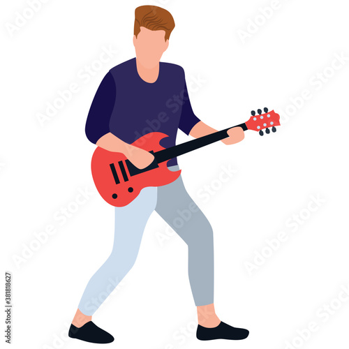 
Flat rounded icon, guitarist playing guitar 
