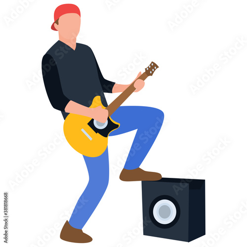 
Flat rounded icon, guitarist playing guitar 
