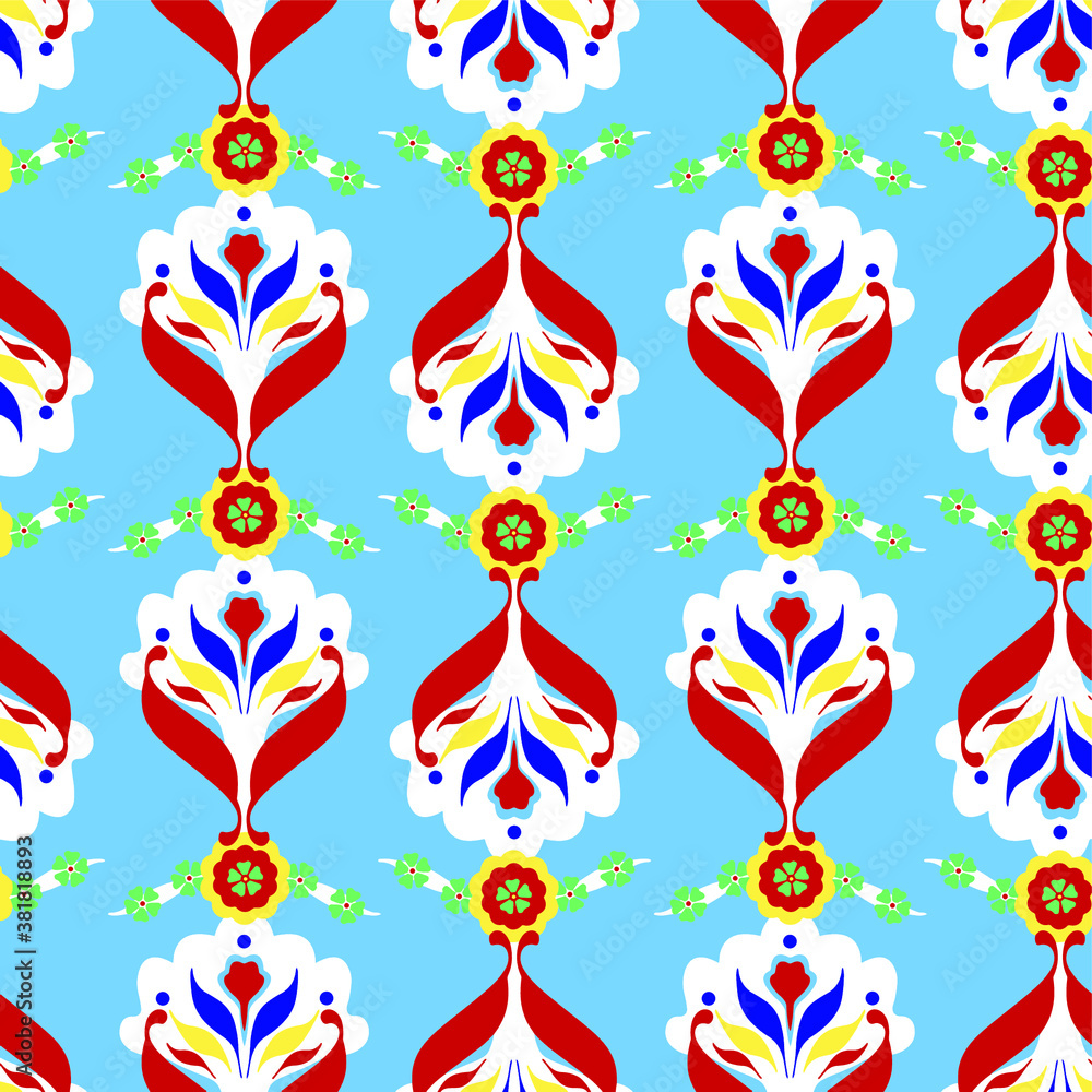 Fototapeta premium Abstract Hand Drawing Damask Ethnic Ceramic Folk Flowers and Leaves Repeating Vector Pattern Isolated Background