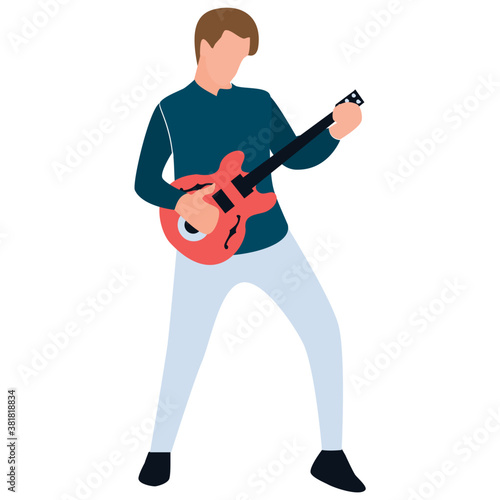 
Flat rounded icon, guitarist playing guitar 
