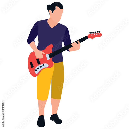 
Flat rounded icon, guitarist playing guitar 
