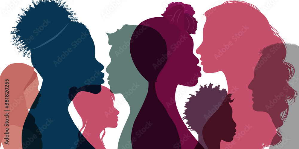 Silhouette profile group of men women and girl of diverse culture. Multicultural society. Diversity multi-ethnic and multiracial people. Racial equality and anti-racism. Friendship