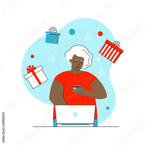 Vector flat concept with african american senior woman. Online shopping with big sales in Christmas time. Happy elderly woman enters bank card details on website to orders gifts. She uses computer