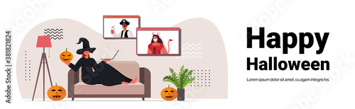 happy halloween holiday celebration woman in witch costume discussing with friends during video call online communication self isolation copy space horizontal vector illustration