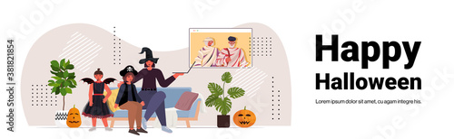 happy halloween holiday celebration concept family in costumes discussing with grandparents during video call online communication self isolation horizontal copy space vector illustration