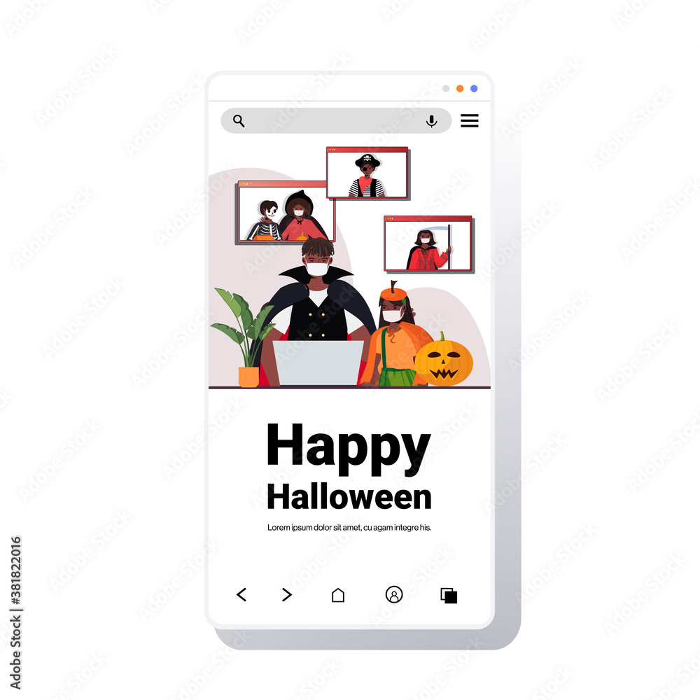 happy halloween holiday celebration concept people in costumes discussing with friends during video call online communication self isolation concept smartphone screen vector illustration happy halloween holiday celebration concept people in costumes discussing with friends during video call online communication self isolation concept smartphone screen vector illustration