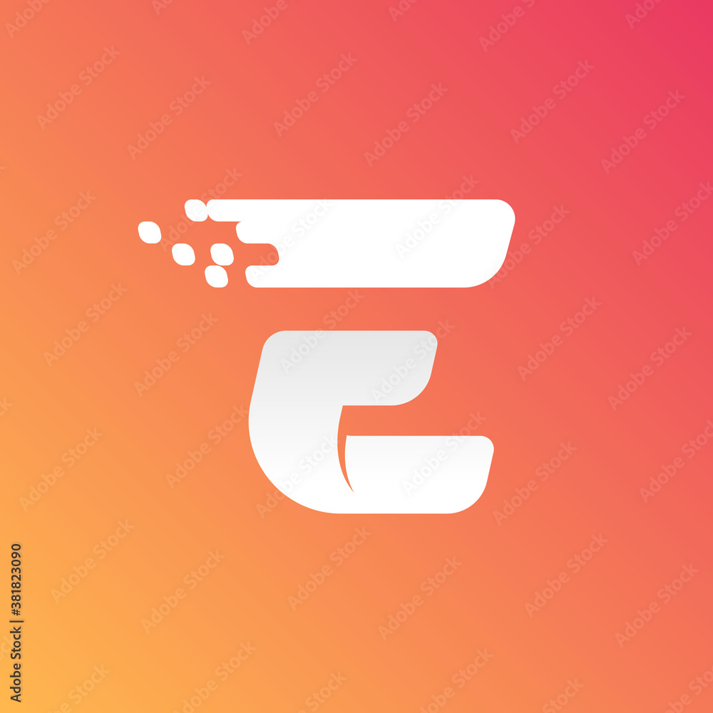 Letter E fast speed logo with checkered pixels pattern on the gradient background. Letter E fast speed logo with checkered pixels pattern on the gradient background.