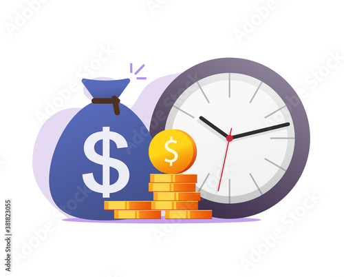 Time money inflation concept vector icon flat cartoon illustration, cash stack savings with clock watch, long period term financial investment idea, income or annual monthly profit revenue