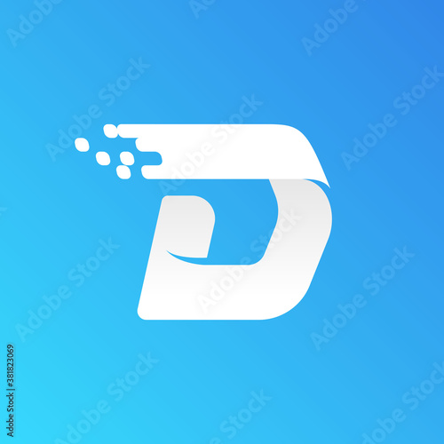 Letter D fast speed logo with checkered pixels pattern on the gradient background.