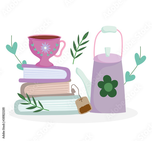 tea time, kettle teabag cup on books, kitchen ceramic drinkware, flower floral design cartoon