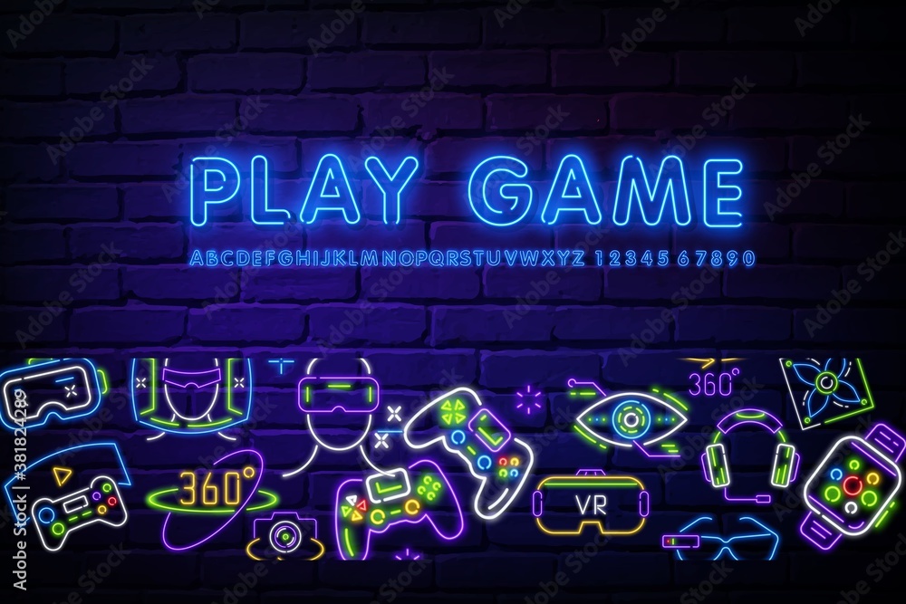 Console community neon banner in style. Game icons, Gamepad on a brick  background. Video games, game club, leisure. Can be used for advertising,  street wall signage, web design Stock Vector | Adobe