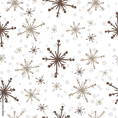 Snowflake seamless pattern. Hand drawn flat scandinavian decorative brown snowflakes isolated on white background. Trendy Mery Christmas and Happy New Year design for wallpaper, gift paper, background