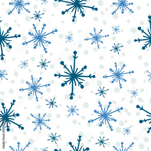 Snowflake seamless pattern. Hand drawn flat scandinavian decorative blue snowflakes isolated on white background. Trendy Mery Christmas and Happy New Year design for wallpaper  gift paper  background