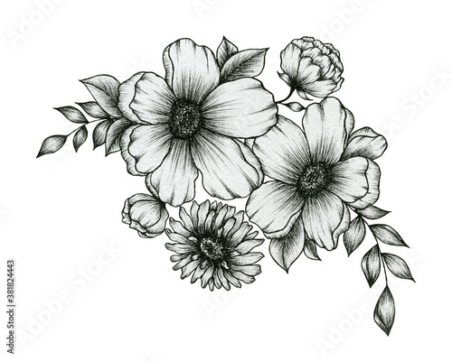 Fototapeta Naklejka Na Ścianę i Meble -  hand drawn bouquet of flowers isolated on white, black and white ink floral design with flowers and leaves, vintage floral autumn decoration, black floral sketch