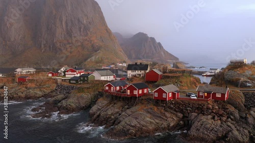 Hamnoy fishing village with red rorbuer in morning light at Lofoten islands, Norway
