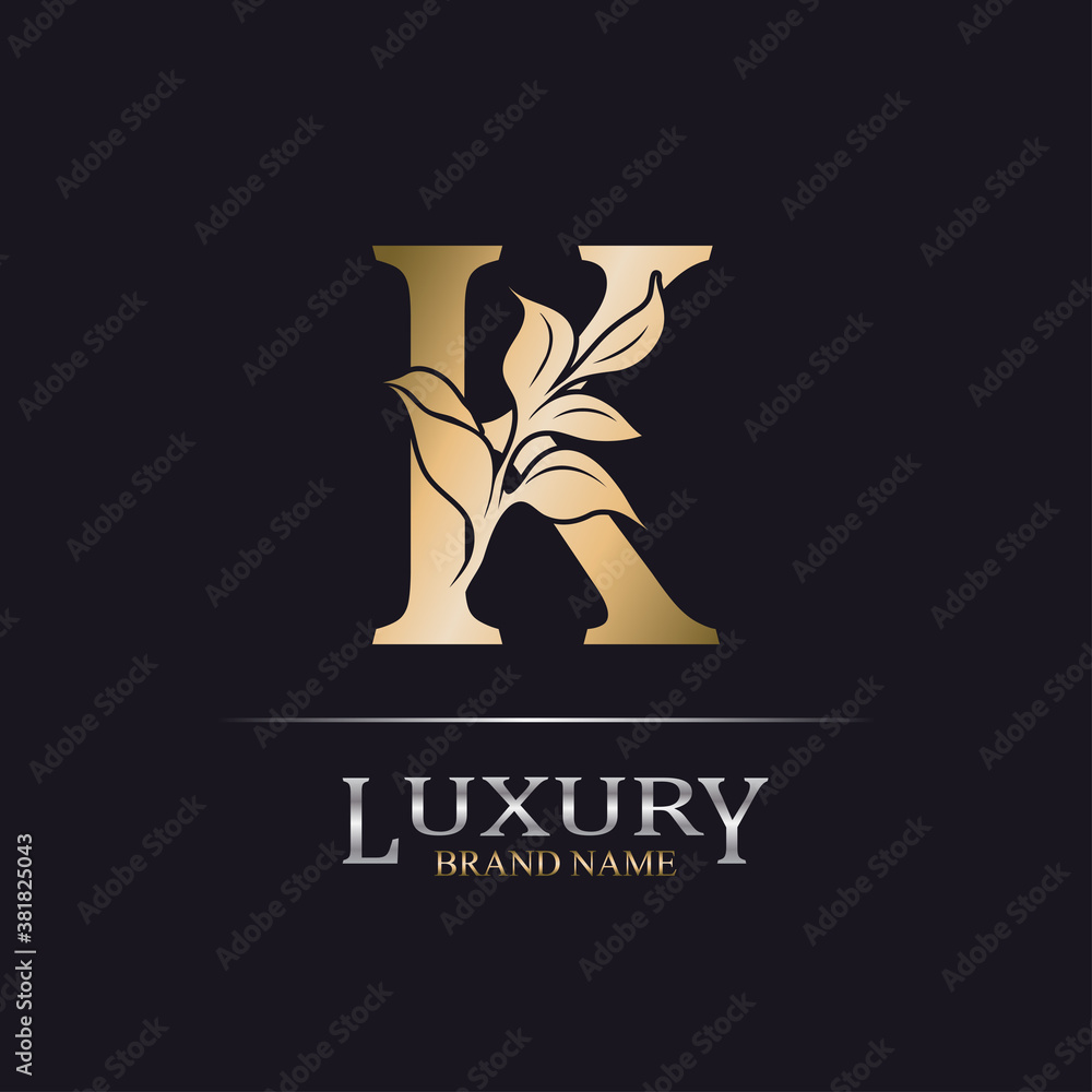 Golden Initial Letter K. Elegant design letter K with floral branch. Luxury Gold Logo Icon. Vintage alphabet concept with floral ornate for monogram, initial, heraldy, logo, business, wedding card. Golden Initial Letter K. Elegant design letter K with floral branch. Luxury Gold Logo Icon. Vintage alphabet concept with floral ornate for monogram, initial, heraldy, logo, business, wedding card.