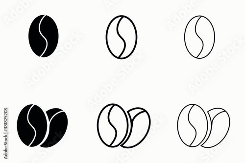 Set of coffee bean icons on a white background, black and white, vector graphics.
