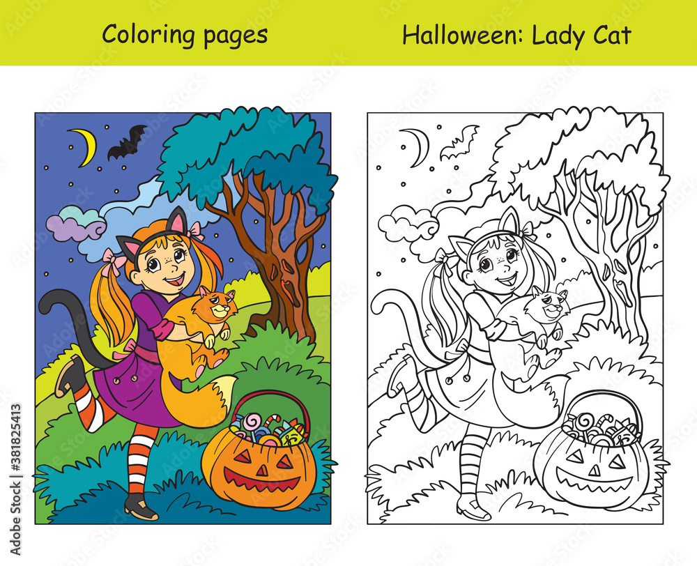 Coloring with colored example Halloween girl with cat