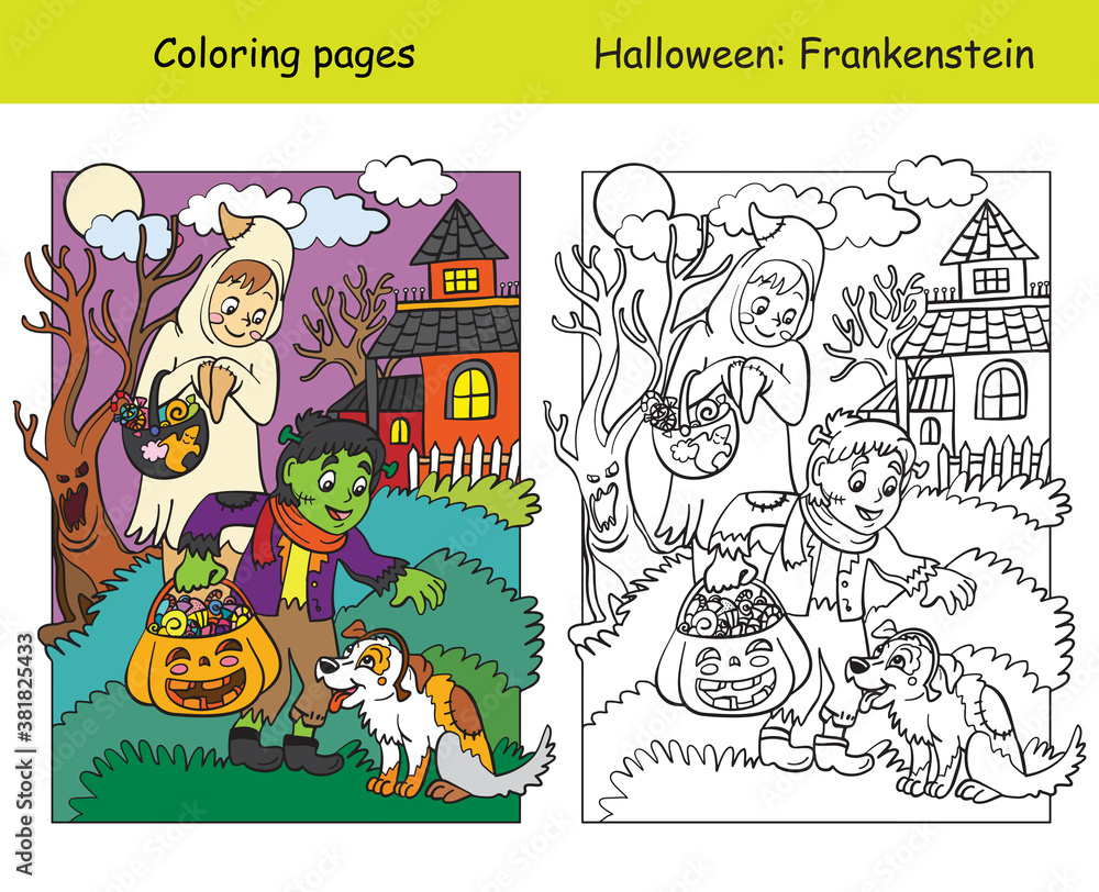 Fototapeta premium Coloring with colored example Halloween characters and dog