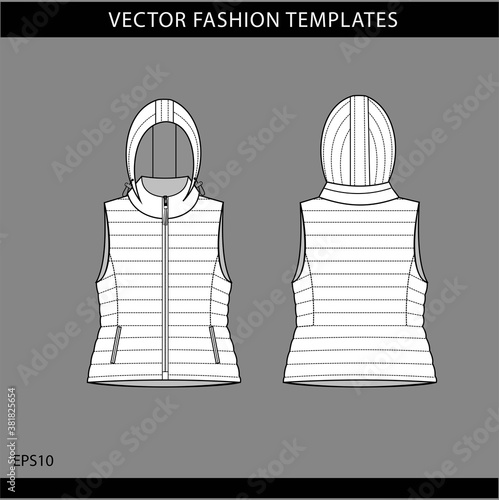 sleeveless jacket isolated.  vest fashion illustration. winter jacket front and back view