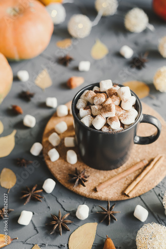 Hot chocolate with marshmallow, cocoa powder, star anise and cinnamon served in a black mug, pumpkins and dried yellow leaves as a decor. Autumn inspired dessert. Warm drink