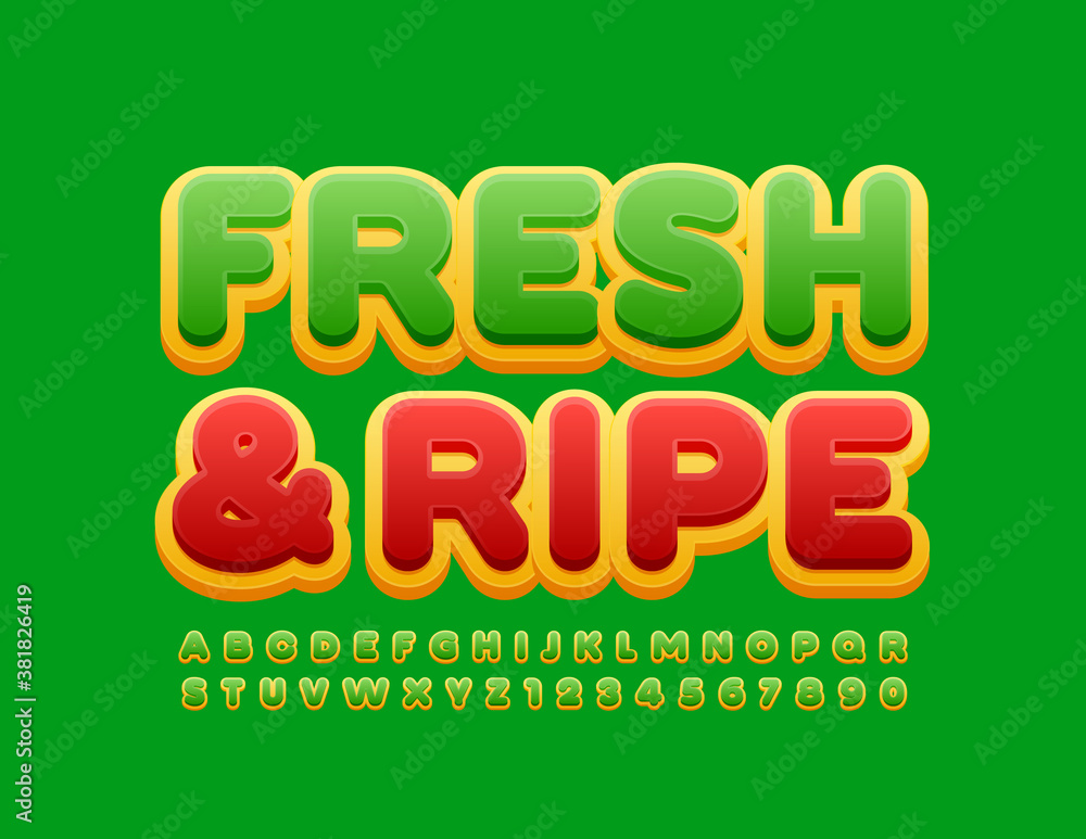 Vector bright sign Fresh and Ripe. Green and Yellow modern Font. Creative Alphabet Letters and Numbers set Vector bright sign Fresh and Ripe. Green and Yellow modern Font. Creative Alphabet Letters and Numbers set