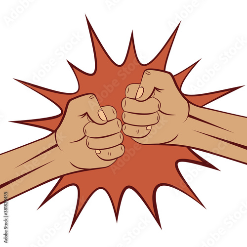 Two clenched male fists bumping together in boom