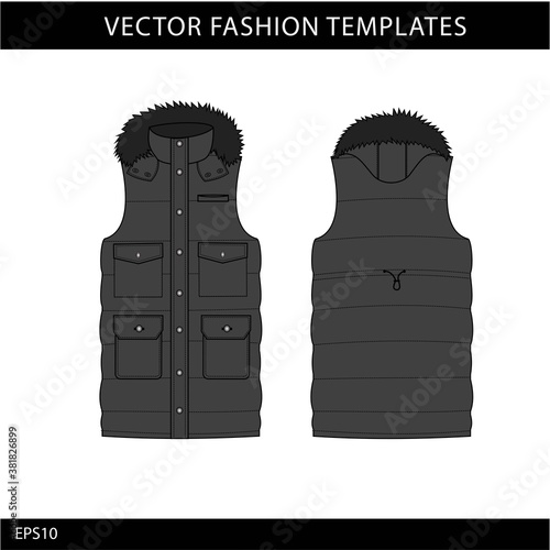 sleeveless jacket isolated.  vest fashion illustration. winter jacket front and back view