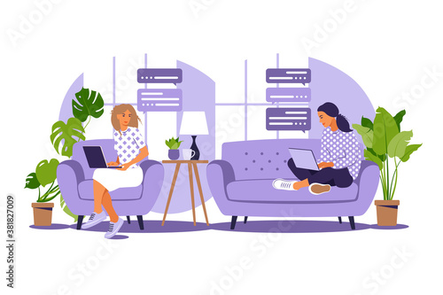 Vector illustration of freelance work. Girls work at the computer at home on the couch. Freelance or studying concept. Girls have a lot of work. Vector illustration of student studying at home. Flat.