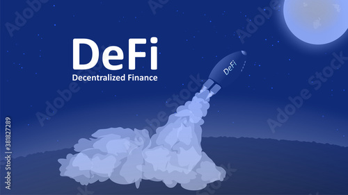 DeFi projects flies to the Moon. The decentralized finance sector is growing rapidly. The rocket with the inscription takes off from the ground and rushes upward. Vector EPS10.