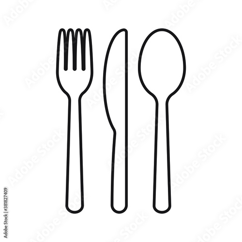 Fork knife and spoon icon logo. Simple flat shape sign. Restaurant cafe kitchen diner place menu symbol. Vector illustration image. Black silhouette isolated on white background. 