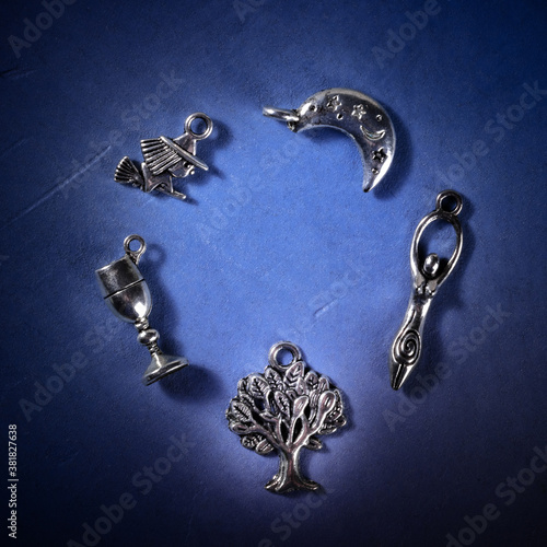 Vászonkép Witchcraft design template with charms of the witch, the Moon, the Goddess, the