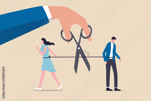 Divorced couple, separation of broken marriage end of relationship concept, hand using scissors to cut rope to rip apart couple, troubles man and woman with sadness emotion.