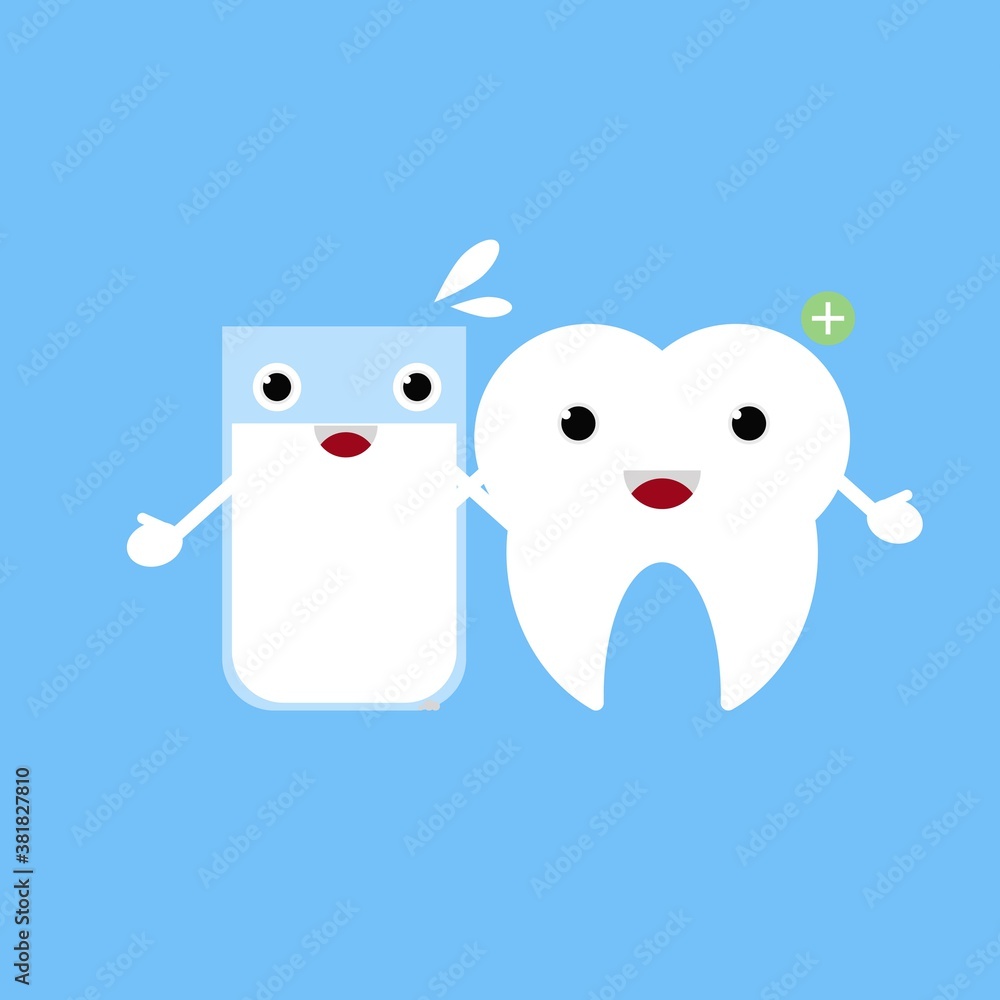 Obraz premium Cartoon of tooth and milk. Dental health concept, good to use for education content, children book, or dental clinic ads.
