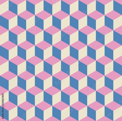 3d cube. Seamless geometric pattern. Vector print. Dark blue, pink, beige soft pastel colors. Poster, banner, wall, wallpaper, template
