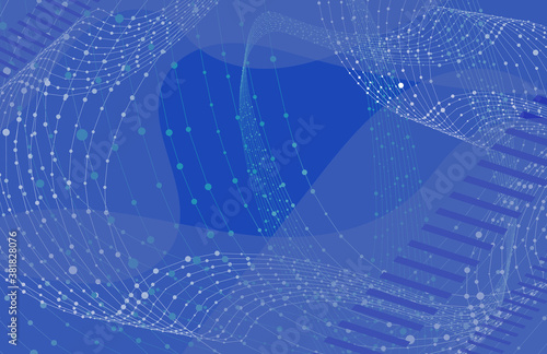 Vector Blue Abstract Background Template, Geometric Shapes and Connected Dots, Curly Lines, Geometry Pattern.