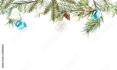 christmas wallpaper. seamless border of fir and pine branches and Christmas tree decorations. Great for advertising backgrounds  greeting cards  printing products  flyers  banners  letters