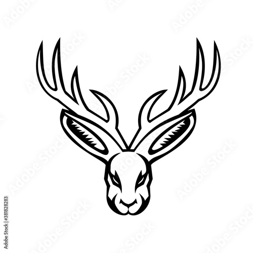Head of a Jackalope Front View Mascot Black and White