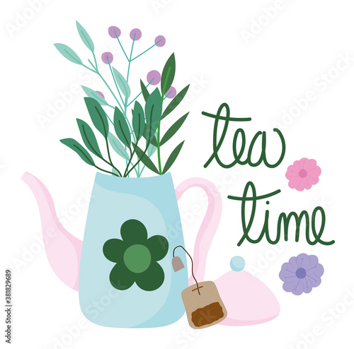 tea time teapot and teabag flowers kitchen drinkware, floral design cartoon