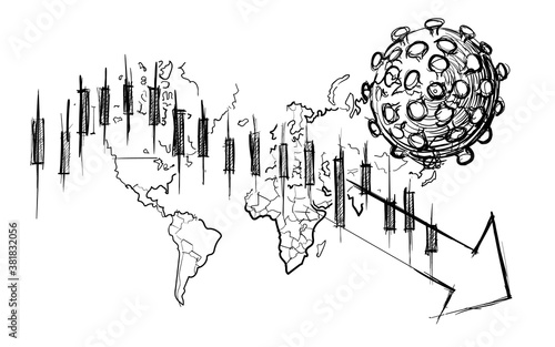 Corona virus pandemic impact economic global depression hand drawn sketches white isolated background